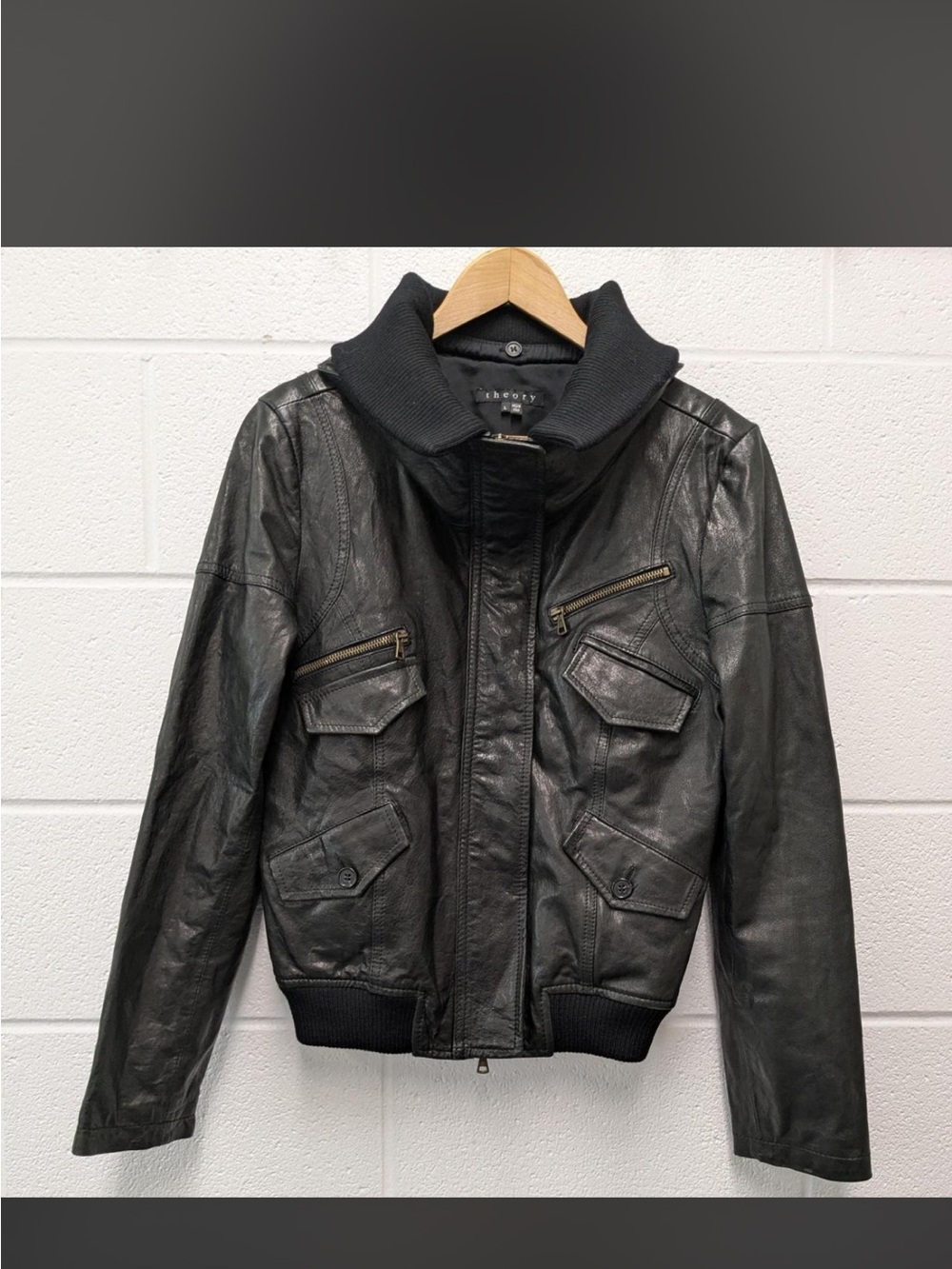Theory Black Leather Bomber Jacket with Removable Ribbed Funnel Collar